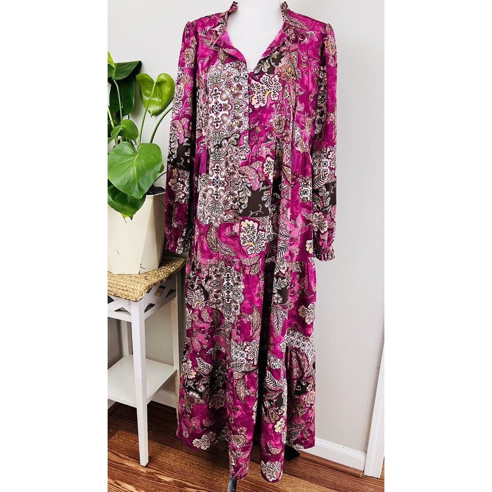 Wonderly Super Soft Fuchsia Floral Long Sleeve Ruffly Maxi Dress Tiered Sz Large - Picture 2 of 10